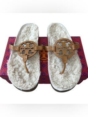 Tory Burch Miller Cloud Shearling Sandals 11 Caramel